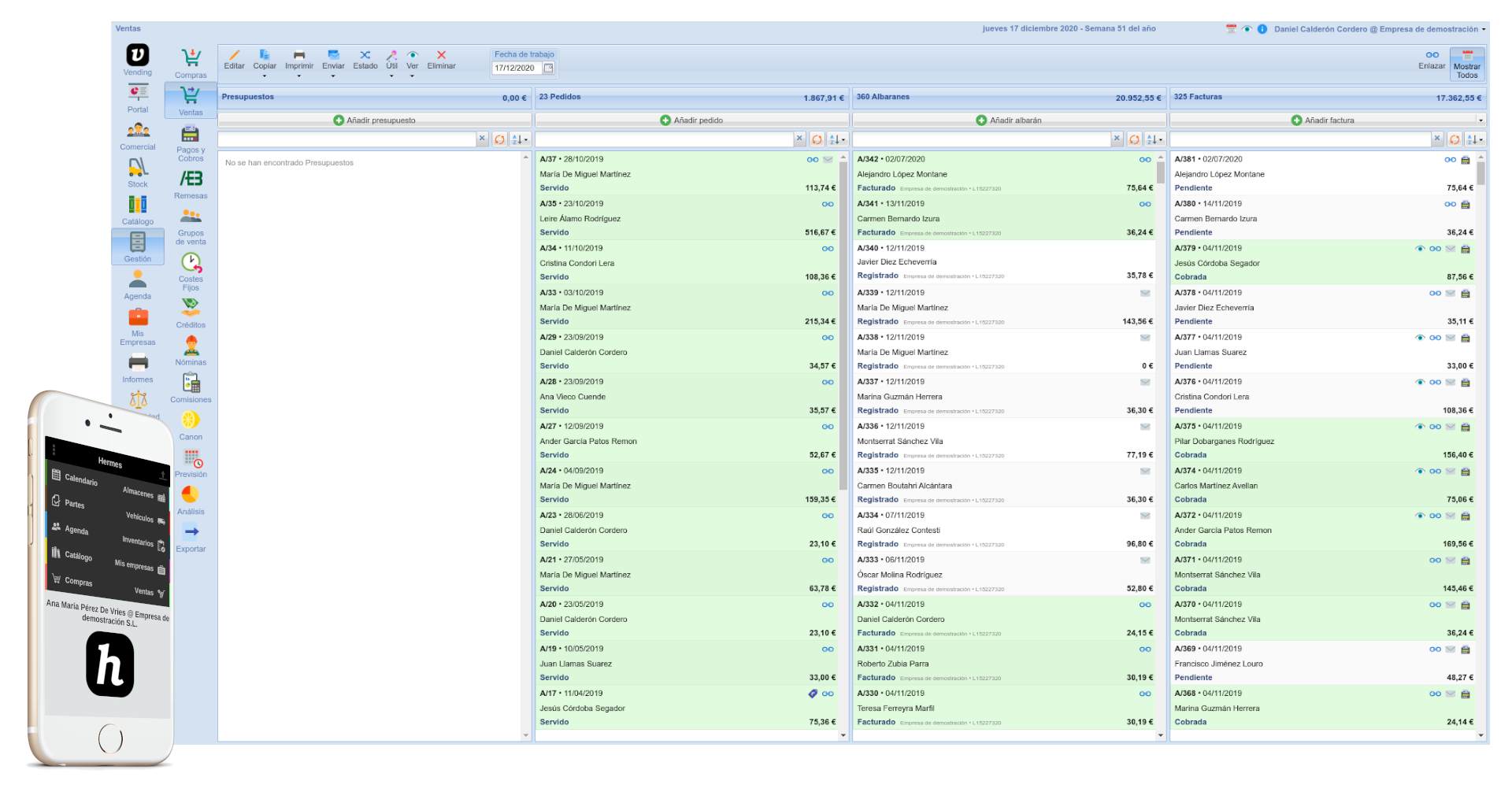 Captura de pantalla de la ventana de gestión de ventas de Hermes junto a la pantalla principal de su versión móvil