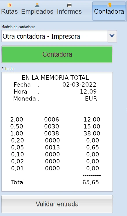 En la imagen se muestra una captura de pantalla de la sección de recaudaciones de la aplicación Hermes en la que se muestra el nuevo botón que enlaza con la contadora y vincula el resultado con la carga realizada.